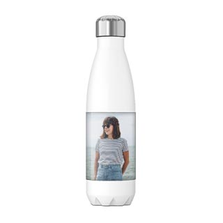 Water Bottles: A white stainless steel water bottle personalized with a photo of a woman at the beach.