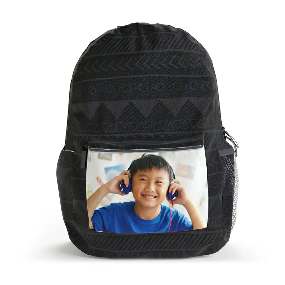 Customized kids backpack with a personalized photo and name.