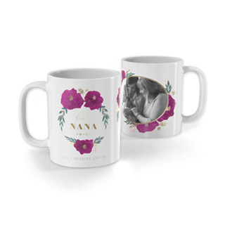 Ceramic White Mugs: Two views of a personalized white mug for a Nana, with a floral design and a photo.