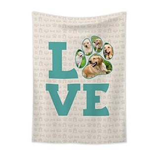 Wall Tapestries: A pet-themed wall tapestry with the word LOVE and a photo collage of a dog inside a paw print.