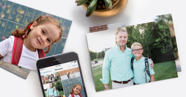 High-quality photo prints displaying first day of school memories, shown alongside a smartphone app.