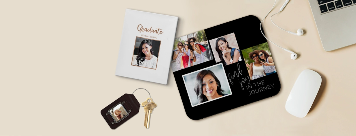 desk essentials: A collection of personalized graduation gifts including a notebook, keychain, and photo collage mouse pad.