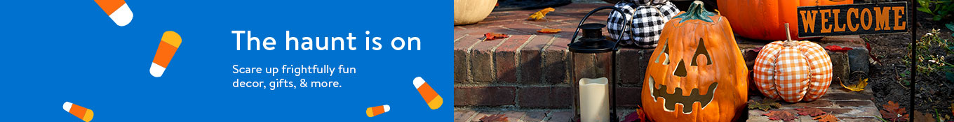 The Haunt Is On: A Halloween banner with decorated pumpkins and the text The haunt is on.