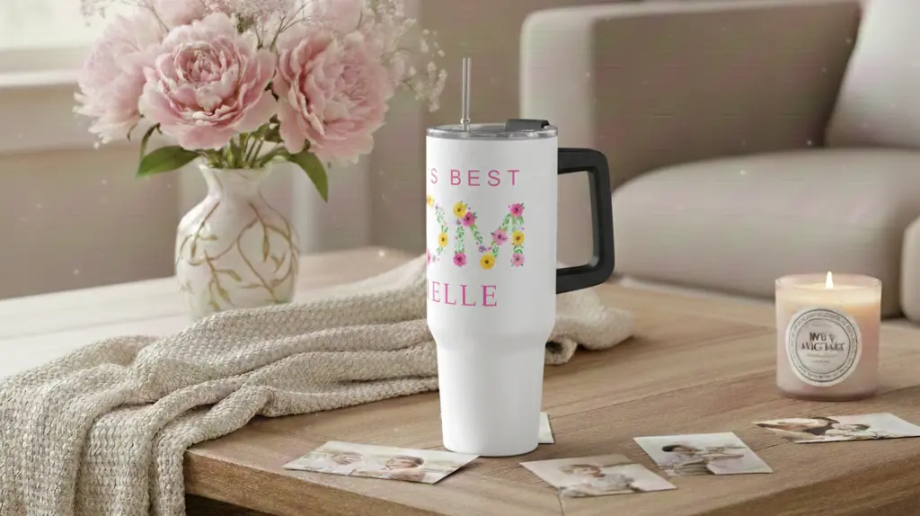 Personalized 40oz travel tumbler with handle featuring floral Mom design
