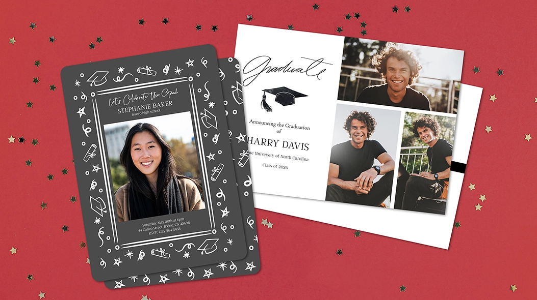 The Party Starts With The Perfect Card: Two graduation announcements on a red background with star confetti, one a dark grey card with white doodles and the other a white multi-photo collage card.