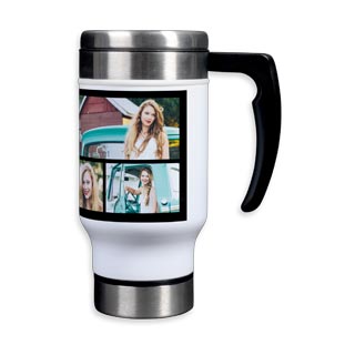 Travel Mugs With Handle: A white travel mug with a handle, personalized with a three-photo collage.