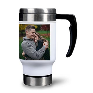 Travel Mug With Handle: A white travel mug with a handle, personalized with a photo of a couple.