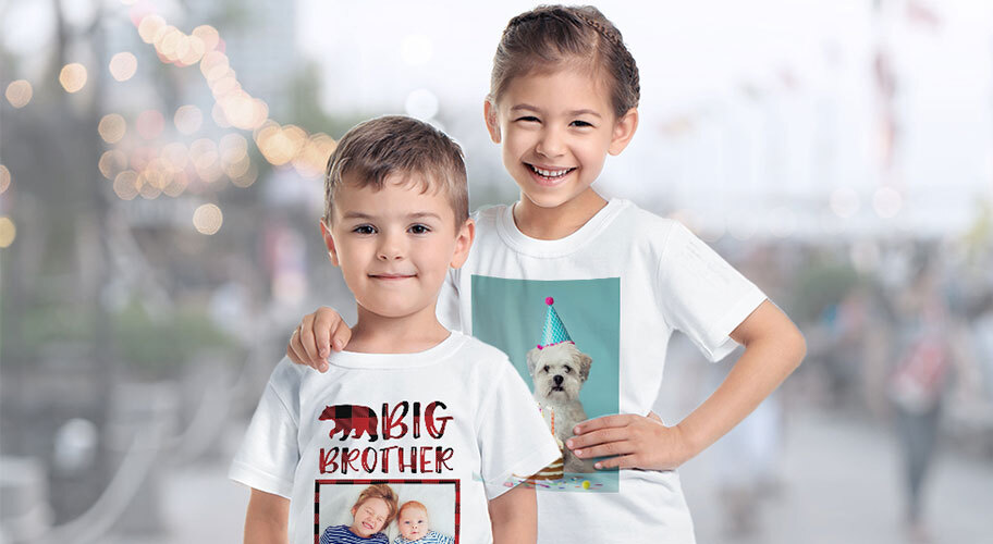 Custom Apparel: Two children wearing different personalized photo t-shirts.