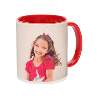 Ceramic photo mug with a red interior and a panoramic wrap-around custom image area.