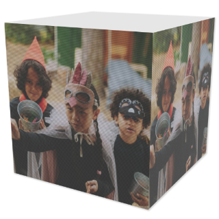 4 Sided Stickit Notes: A cube of sticky notes with a photo of children in Halloween costumes printed on the sides.