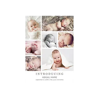 Birth announcements: A birth announcement card with a seven-photo collage of a newborn and their birth details.