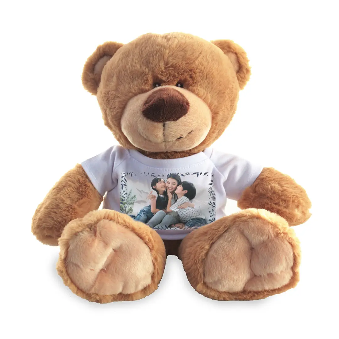 Soft plush teddy bear wearing a t-shirt with a custom child's photo