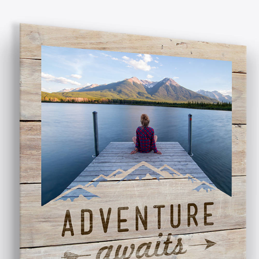 Professional Xpozer photo print with a wood-grain border and a personalized adventure theme.