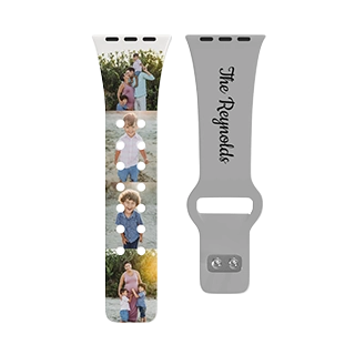 Custom Tech Accessories: A personalized smartwatch band with a custom photo collage and family name.