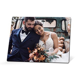 High Gloss Desk Art: An easel-back desk print with a photo of a bride and groom in a vintage truck.