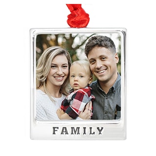 Metal Frame Ornament, Family: A square silver metal frame ornament with a family photo and the word Family embossed below.
