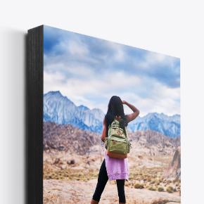 A thick-profile custom wall art piece with a scenic mountain landscape on a woodbox frame.