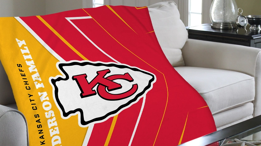 Officially licensed NFL custom blanket with personalized text.