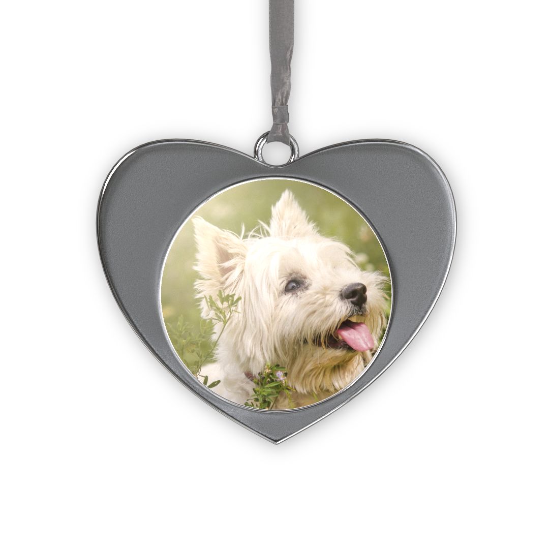 Silver Heart Ornament: A silver, heart-shaped ornament with a circular photo of a white terrier.