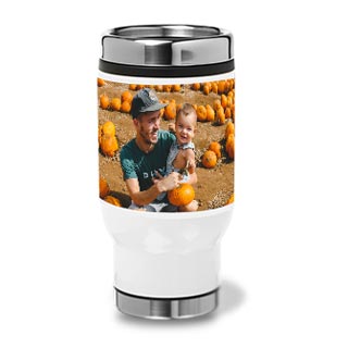 Stainless Steel Tumblers: A white travel mug personalized with a photo of a father and baby at a pumpkin patch.