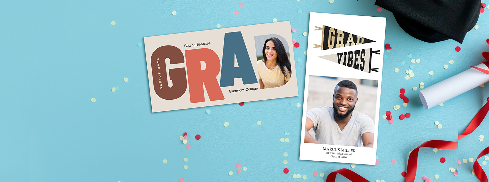 Big Dreams Ahead: Two graduation photo cards on a blue background with confetti, one featuring the word GRAD in large block letters and the other featuring pennant flags with the text GRAD VIBES.