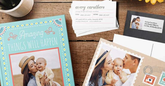 Stationery: A collection of personalized stationery including a photo journal, business cards, and a new address postcard.