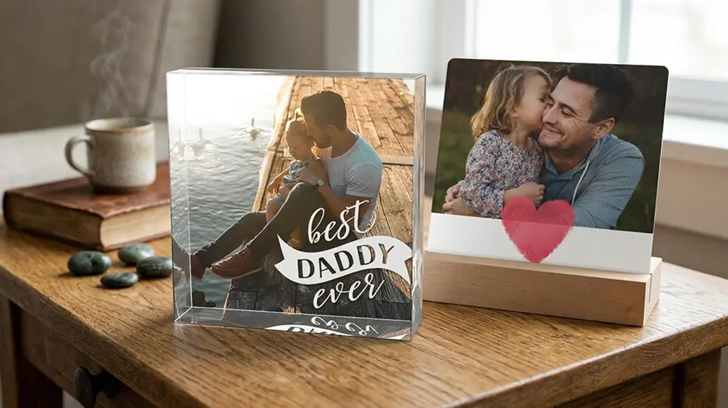 Personalized desk art with photo display for Dad