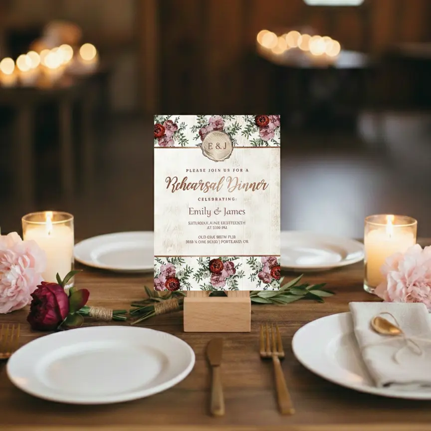 Custom rehearsal dinner invitations with elegant photo layouts and typography
