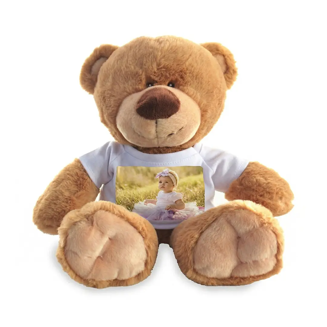 Personalized teddy bear with a custom photo t-shirt for babies.