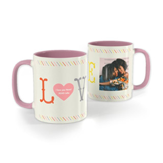 Ceramic Pink Mugs: A personalized mug with a pink interior, a photo, and a decorative LOVE design.