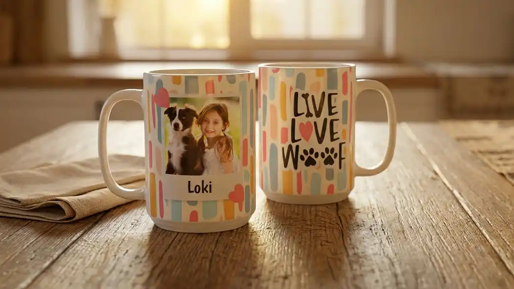 Same day personalized mugs featuring a custom pet photo and 