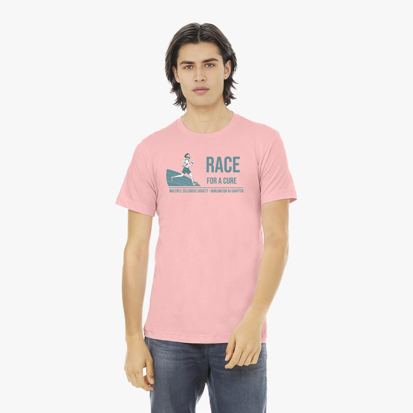 Unisex Jersey Tee - Pink, Size L: A model wearing a pink t-shirt with a Race for a Cure charity event graphic.
