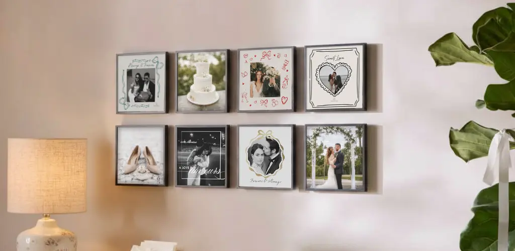 Custom TilePix magnetic frames for wedding gallery walls