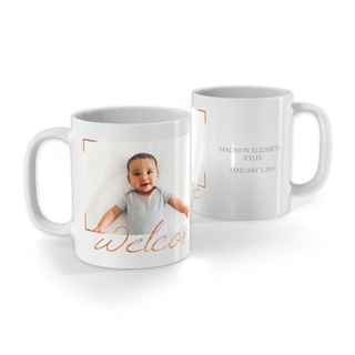 Photo Mugs: Two views of a personalized white mug with a baby photo and birth announcement details.