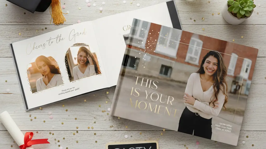 Custom graduation photo books for 2026 to preserve senior year memories in a professionally bound personalized keepsake.