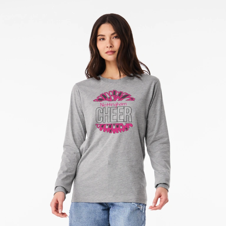 Unisex Long Sleeve Tee - Gray, Size S: A model wearing a gray long-sleeve shirt with Nottingham Cheer logo.