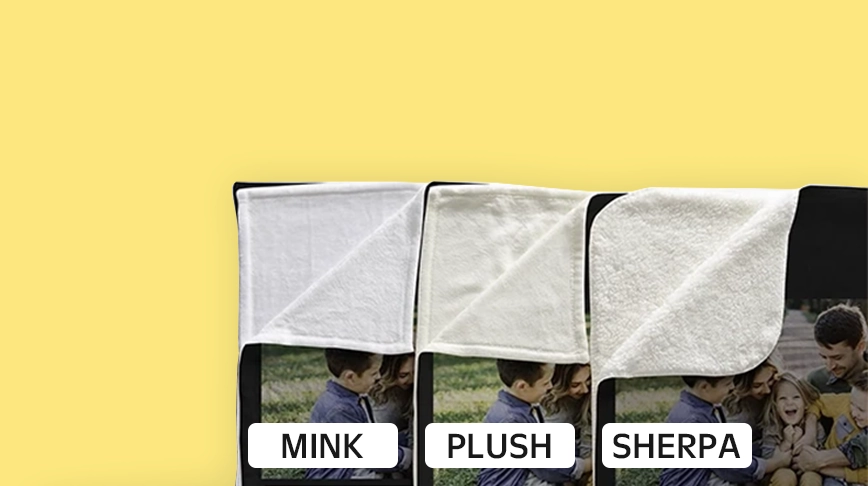 Close-up texture comparison of fleece, mink, plush, and sherpa photo blankets.