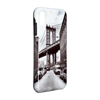 Phone Cases: A phone case with a full wrap-around black and white photo of a city bridge.