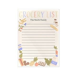 Personalized Stationery: A customized notepad for grocery lists featuring food illustrations and a family name.