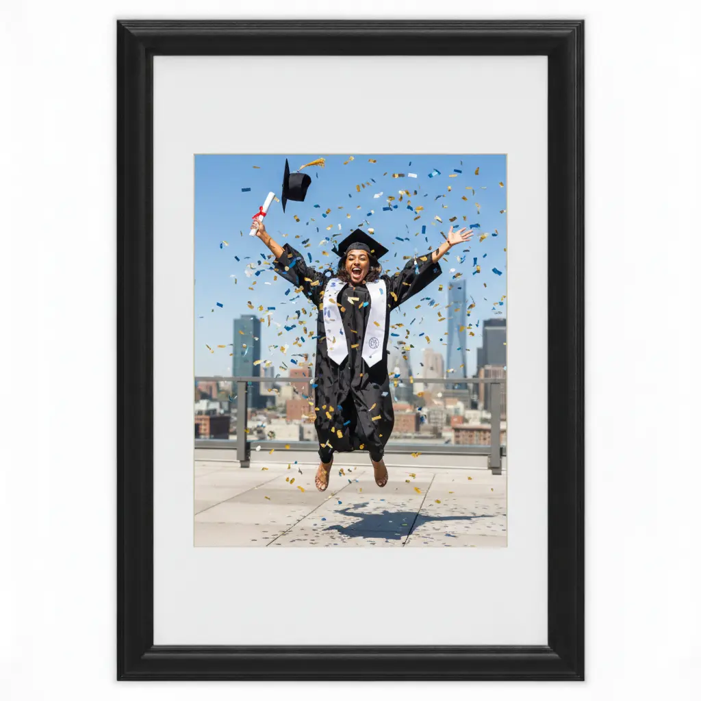 Custom framed graduation prints featuring matted senior portraits for an elegant 2026 commencement keepsake.