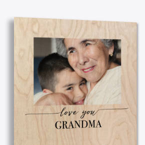 Personalized natural wood print with family photography and custom text for Grandma.