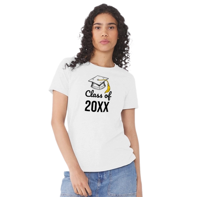 Womens T-Shirts: A model wearing a white t-shirt with a personalized design.