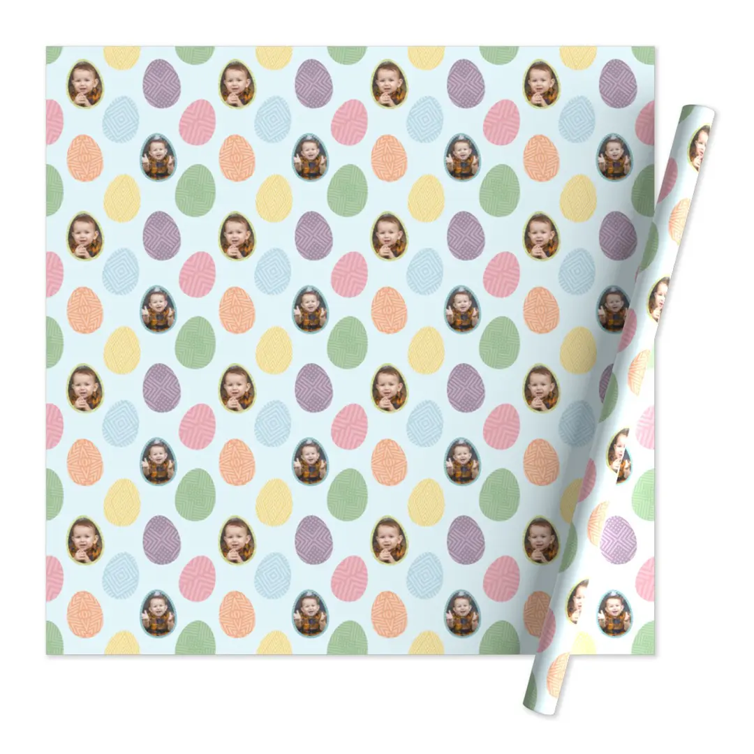 Customized Easter wrapping paper featuring a repeating photo of a baby