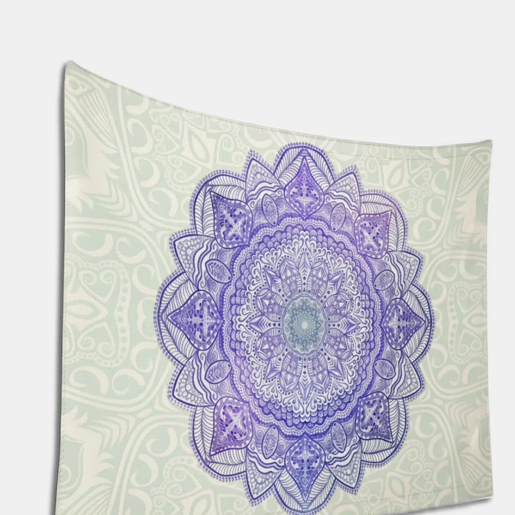 Large personalized wall tapestry featuring an intricate purple and blue-green mandala design.