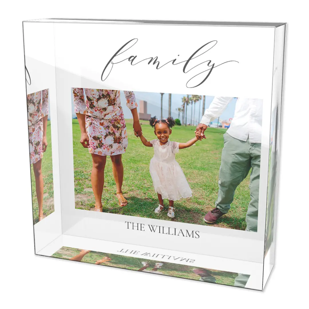 Modern clear acrylic photo block displaying a bright spring portrait
