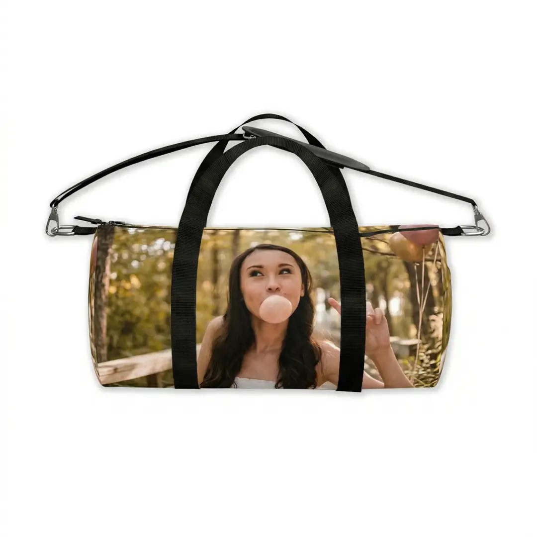 Customized duffel bag for teens with a personalized photo patch.