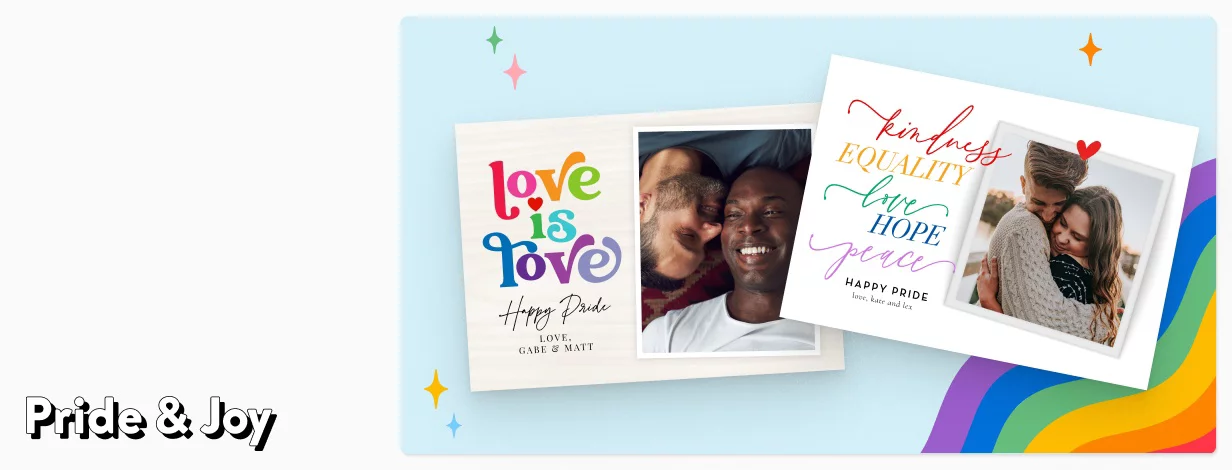 Pride Cards: Two different styles of personalized Pride-themed greeting cards with photos.