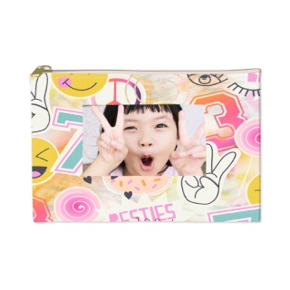 Zippered accessory pouch with a colorful design and central photo slot, perfect for holding pencils and pens.