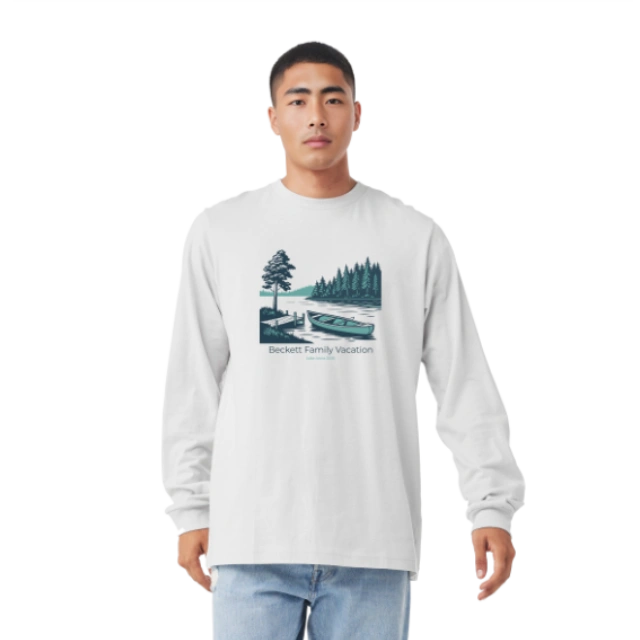 Custom Photo Apparel: A model wearing a personalized t-shirt with a custom family vacation scene.