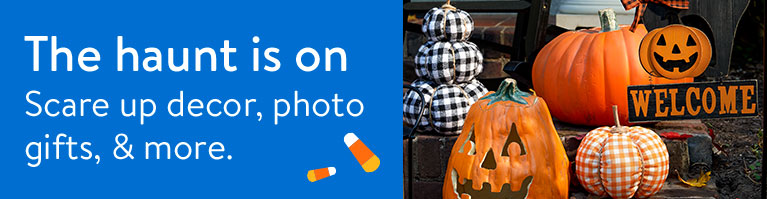 The Haunt Is On: A Halloween banner with decorated pumpkins and the text The haunt is on.